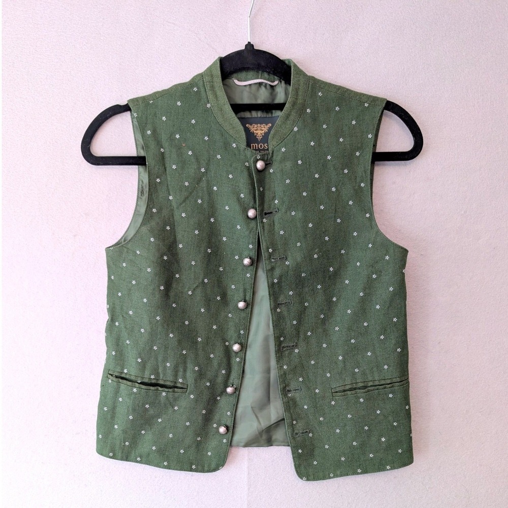 Vtg h.moser Salzburg Trachten Vest Green Loden Floral Linen Austrian Folk Small